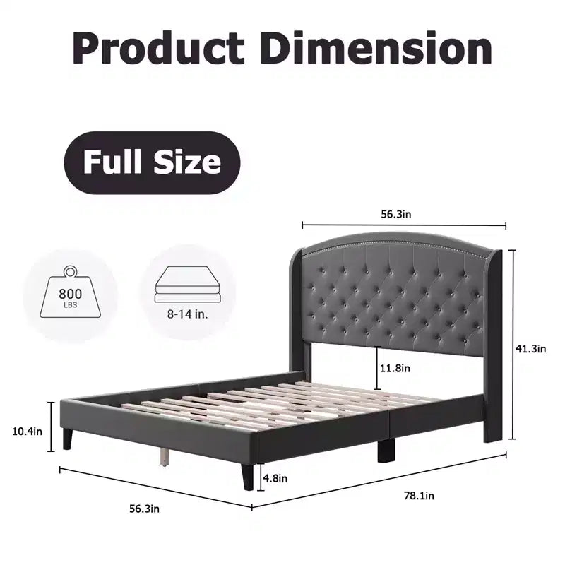 Bed Frame, Full Size Bed - Velvet Upholstered Platform with Wingback Headboard, Button Tufted, No Box Spring Needed (Grey)