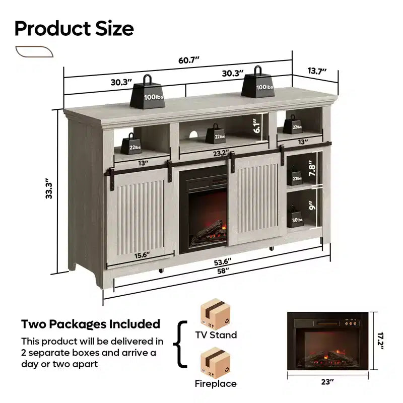 Bestier 61 Fireplace TV Stand for TVs up to 65, LED Media TV Console Entertainment Center with 23 Fireplace Heater & Cabinet With Sliding Door
