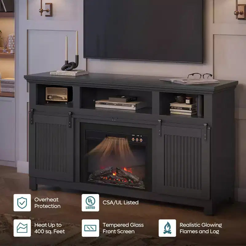Bestier 61 Fireplace TV Stand for TVs up to 65, LED Media TV Console Entertainment Center with 23 Fireplace Heater & Cabinet With Sliding Door