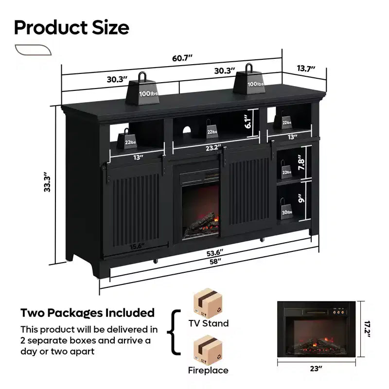 Bestier 61 Fireplace TV Stand for TVs up to 65, LED Media TV Console Entertainment Center with 23 Fireplace Heater & Cabinet With Sliding Door