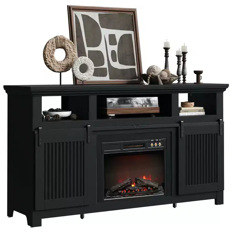 Bestier 61 Fireplace TV Stand for TVs up to 65, LED Media TV Console Entertainment Center with 23 Fireplace Heater & Cabinet With Sliding Door