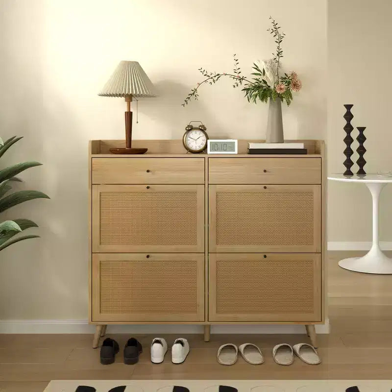 Rattan Shoe Cabinet Storage for Entryway with 4 Flip Drawers and 2 Drawer, Farmhouse Narrow for Entrance Entry Way