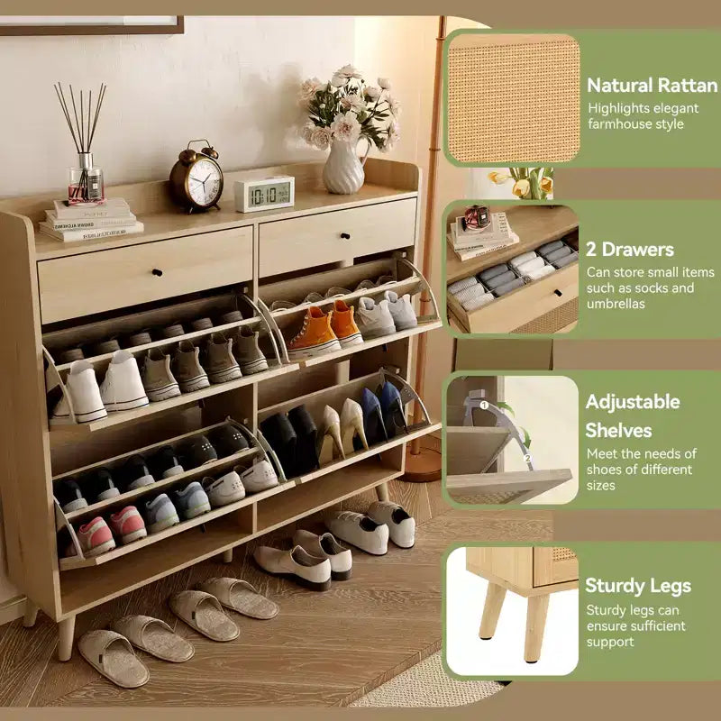 Rattan Shoe Cabinet Storage for Entryway with 4 Flip Drawers and 2 Drawer, Farmhouse Narrow for Entrance Entry Way