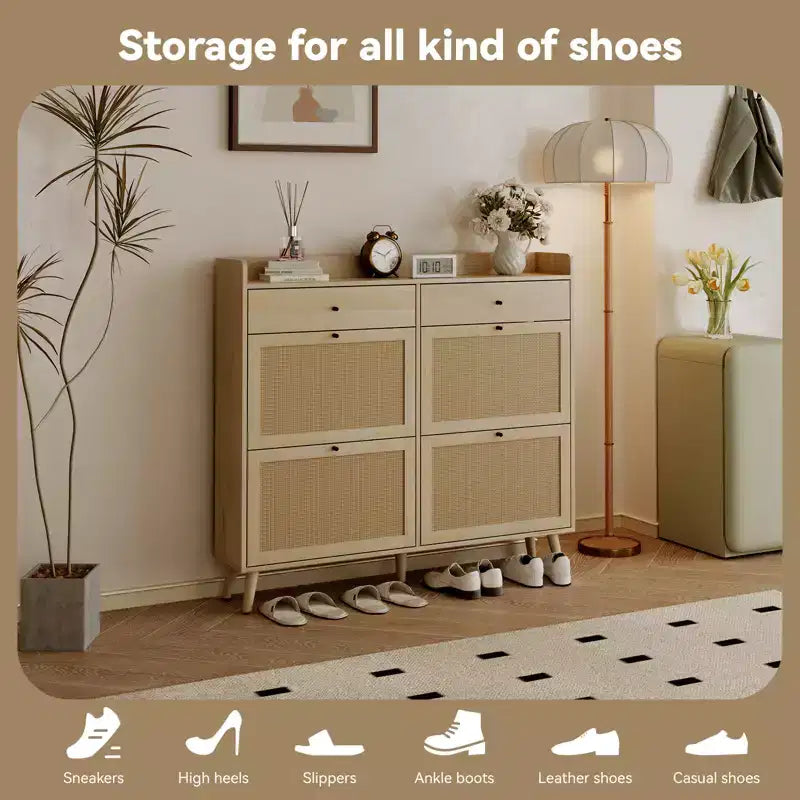 Rattan Shoe Cabinet Storage for Entryway with 4 Flip Drawers and 2 Drawer, Farmhouse Narrow for Entrance Entry Way