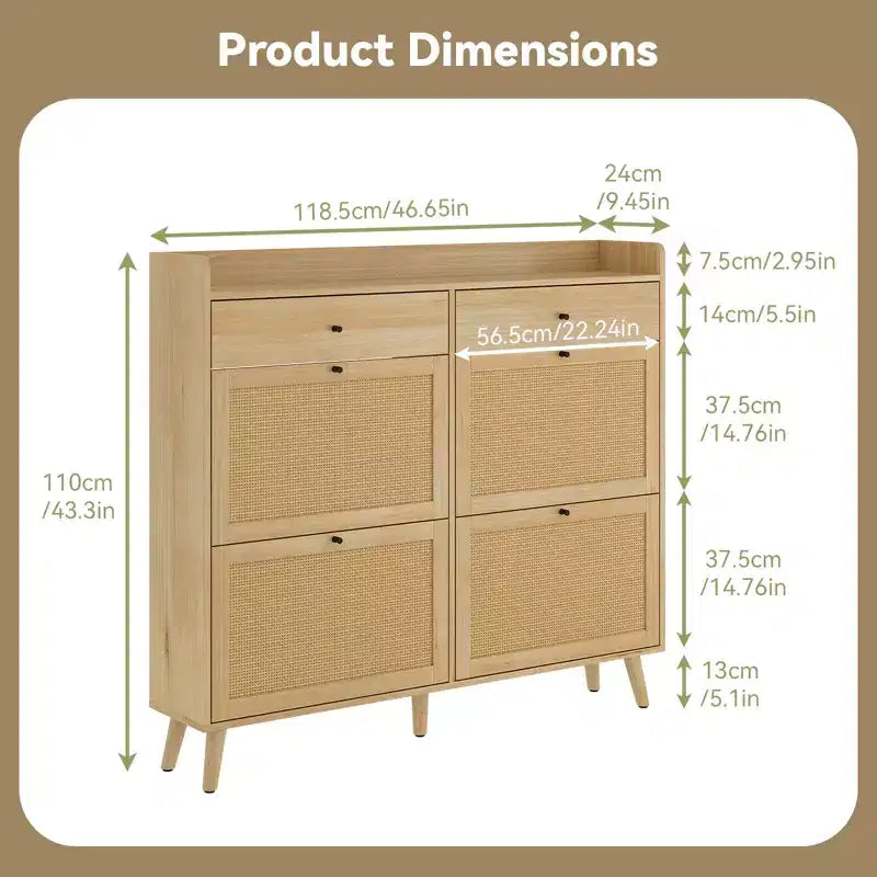 Rattan Shoe Cabinet Storage for Entryway with 4 Flip Drawers and 2 Drawer, Farmhouse Narrow for Entrance Entry Way