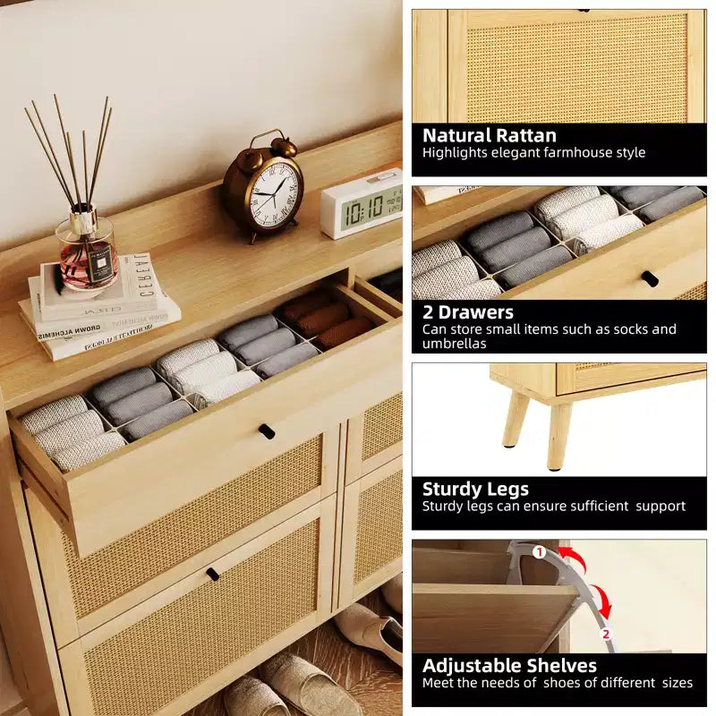 Rattan Shoe Cabinet Storage for Entryway with 4 Flip Drawers and 2 Drawer, Farmhouse Narrow for Entrance Entry Way