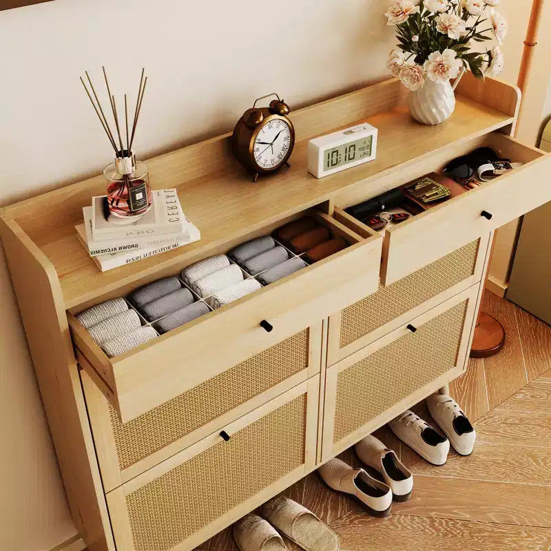 Rattan Shoe Cabinet Storage for Entryway with 4 Flip Drawers and 2 Drawer, Farmhouse Narrow for Entrance Entry Way