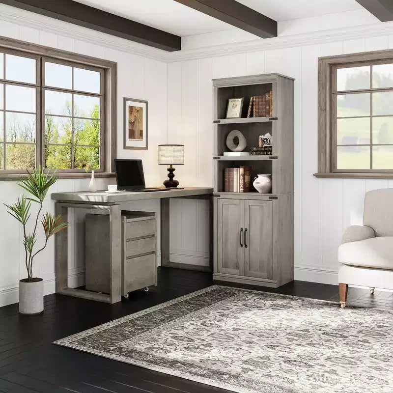 5 Tier Book case with Cabinet, Farmhouse Book Shelf with Storage Doors, 68.7 Tall Wooden 5 Shelf Case Grey