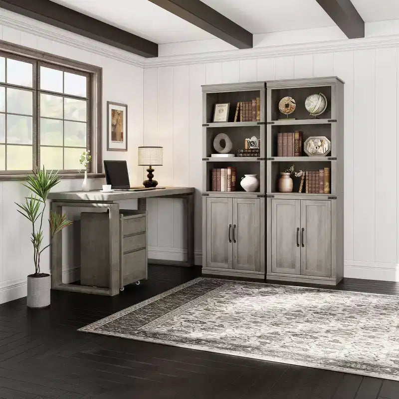 5 Tier Book case with Cabinet, Farmhouse Book Shelf with Storage Doors, 68.7 Tall Wooden 5 Shelf Case Grey