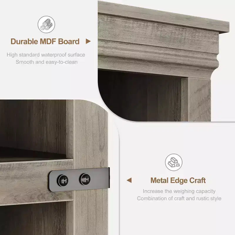 5 Tier Book case with Cabinet, Farmhouse Book Shelf with Storage Doors, 68.7 Tall Wooden 5 Shelf Case Grey