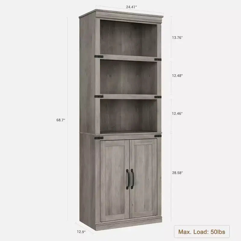 5 Tier Book case with Cabinet, Farmhouse Book Shelf with Storage Doors, 68.7 Tall Wooden 5 Shelf Case Grey