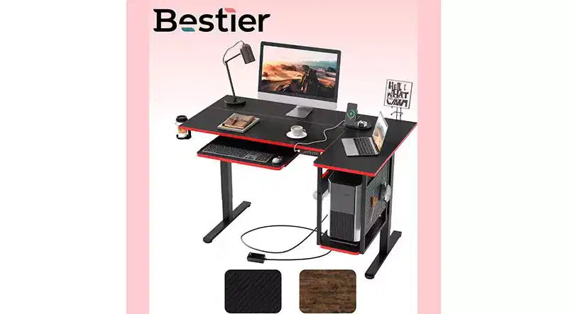 Bestier 57 Standing Computer Desk, Height Adjustable Desk with Keyboard Tray & Host Shelf for Home Office, L-Shaped Gaming Desk with Pegboard