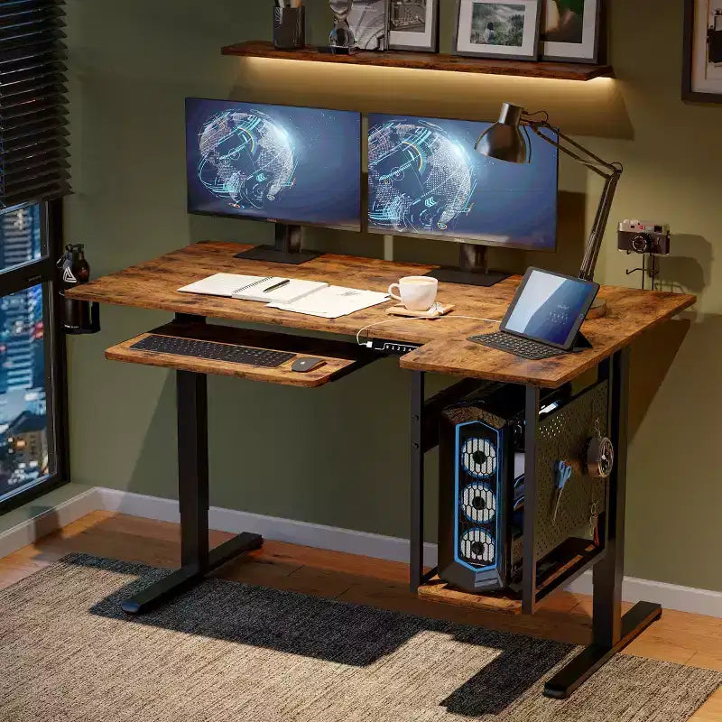 Bestier 57 Standing Computer Desk, Height Adjustable Desk with Keyboard Tray & Host Shelf for Home Office, L-Shaped Gaming Desk with Pegboard