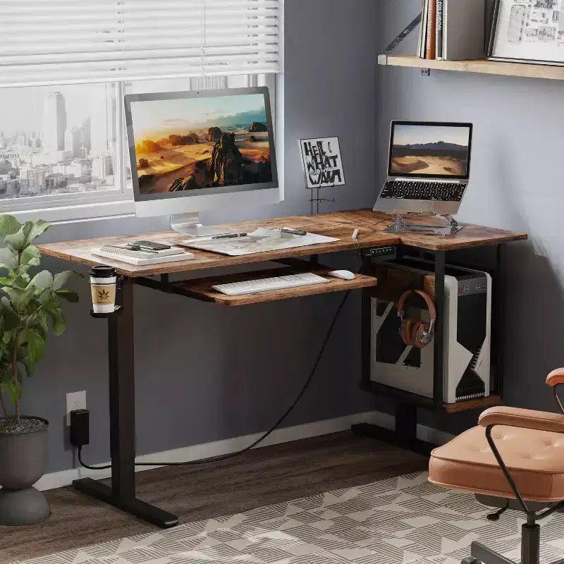 Bestier 57 Standing Computer Desk, Height Adjustable Desk with Keyboard Tray & Host Shelf for Home Office, L-Shaped Gaming Desk with Pegboard
