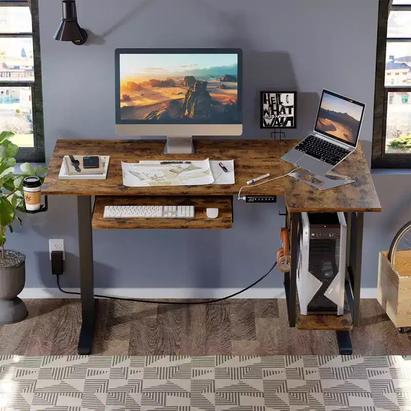 Bestier 57 Standing Computer Desk, Height Adjustable Desk with Keyboard Tray & Host Shelf for Home Office, L-Shaped Gaming Desk with Pegboard