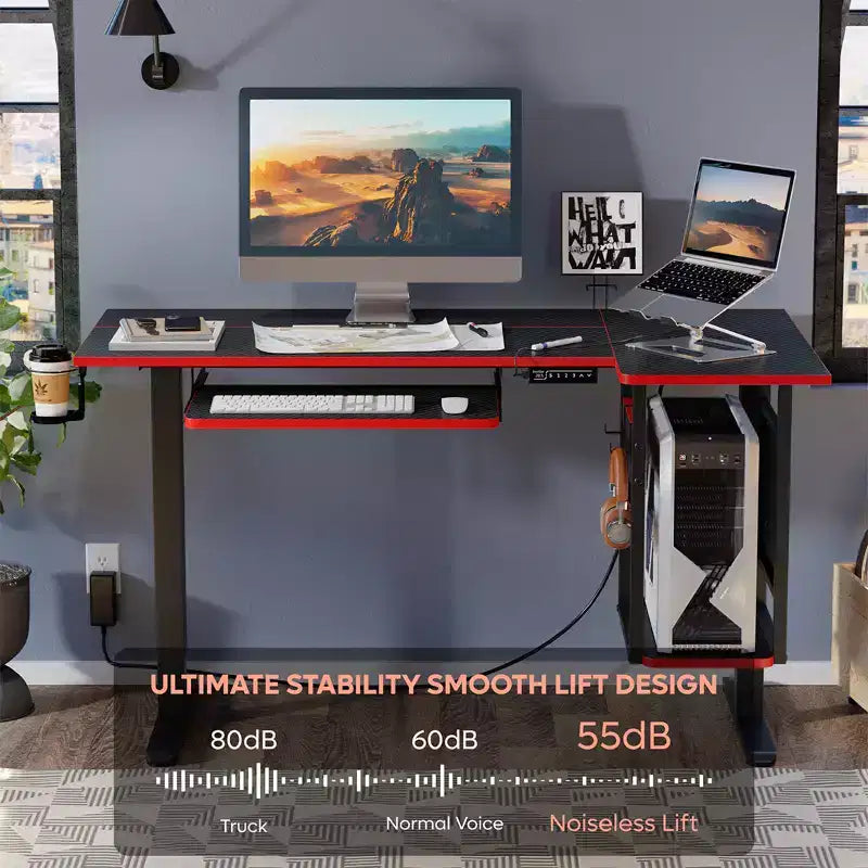 Bestier 57 Standing Computer Desk, Height Adjustable Desk with Keyboard Tray & Host Shelf for Home Office, L-Shaped Gaming Desk with Pegboard