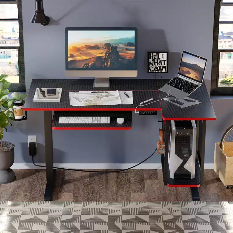 Bestier 57 Standing Computer Desk, Height Adjustable Desk with Keyboard Tray & Host Shelf for Home Office, L-Shaped Gaming Desk with Pegboard