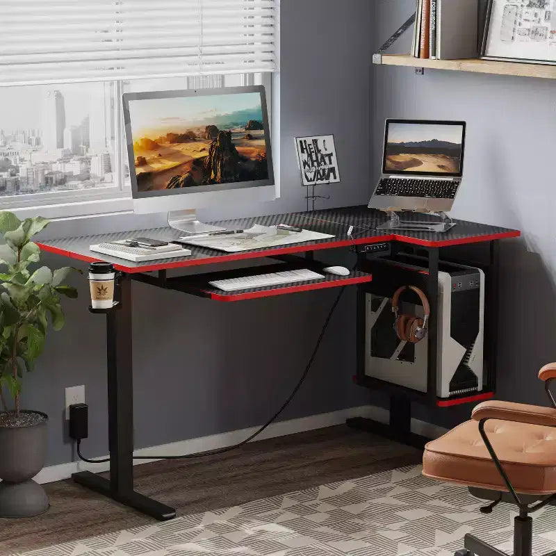 Bestier 57 Standing Computer Desk, Height Adjustable Desk with Keyboard Tray & Host Shelf for Home Office, L-Shaped Gaming Desk with Pegboard