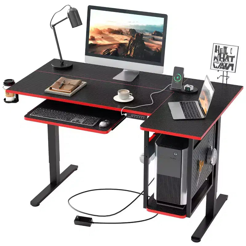 Bestier 57 Standing Computer Desk, Height Adjustable Desk with Keyboard Tray & Host Shelf for Home Office, L-Shaped Gaming Desk with Pegboard