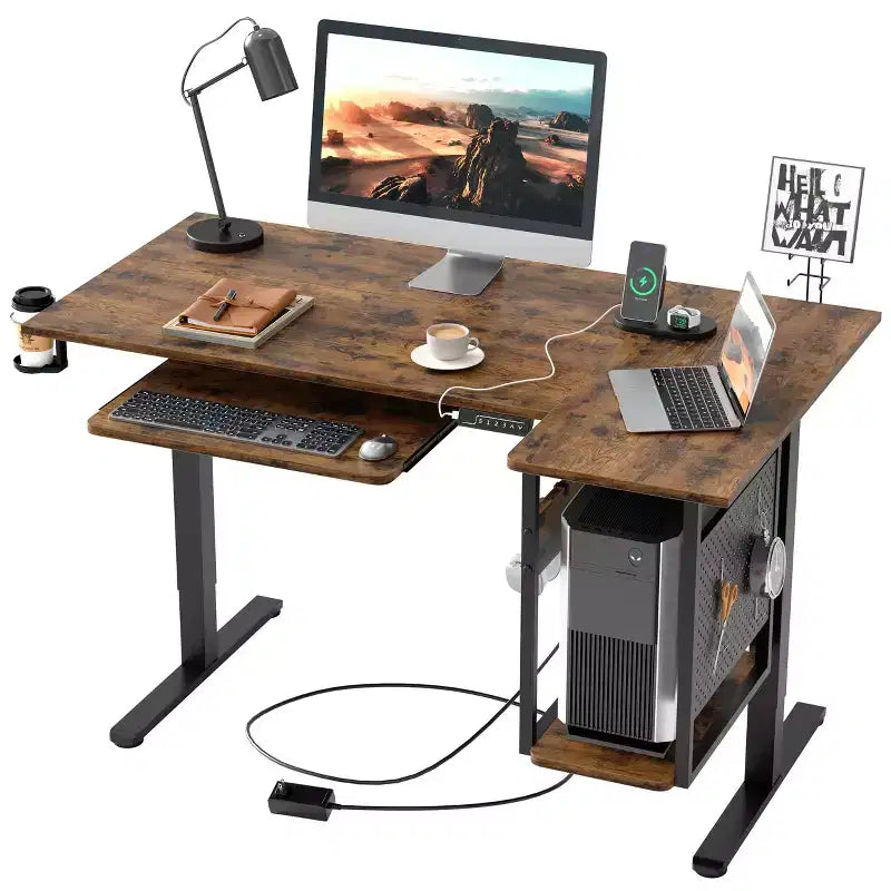 Bestier 57 Standing Computer Desk, Height Adjustable Desk with Keyboard Tray & Host Shelf for Home Office, L-Shaped Gaming Desk with Pegboard