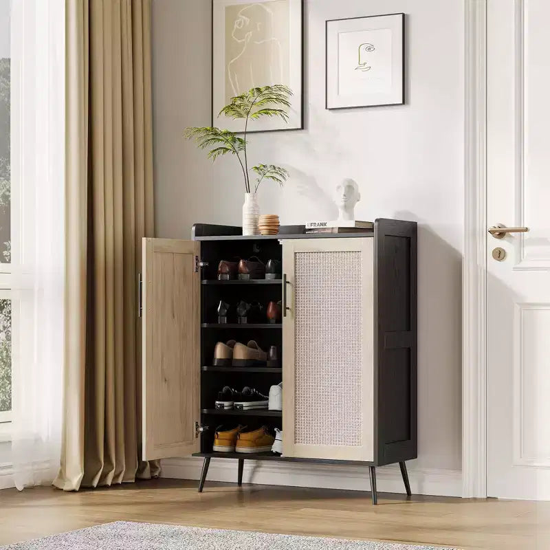 Rattan Shoe Cabinet, 5-Tier Shoe Storage Organizer Cabinet with Adjustable Shelf for Entryway, Freestanding Shoe Rack for Living Room, Entryway