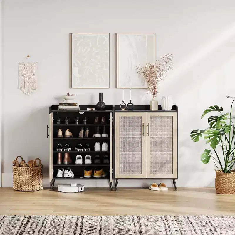 Rattan Shoe Cabinet, 5-Tier Shoe Storage Organizer Cabinet with Adjustable Shelf for Entryway, Freestanding Shoe Rack for Living Room, Entryway