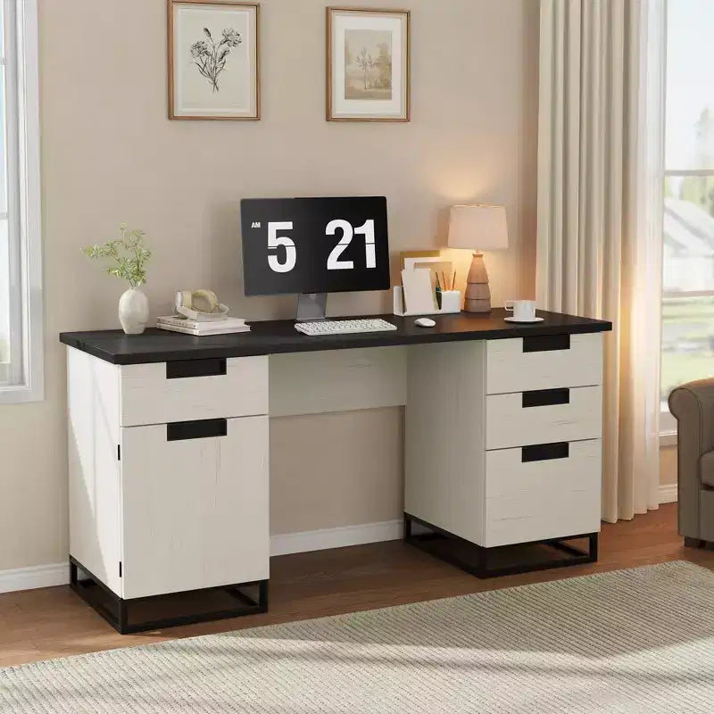 59 Farmhouse Executive Desk, Home Office Desk with File Drawer and Storage Cabinet, Wooden Computer Table with 3 Drawers for Work and Study