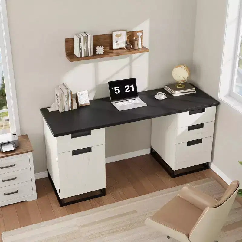 59 Farmhouse Executive Desk, Home Office Desk with File Drawer and Storage Cabinet, Wooden Computer Table with 3 Drawers for Work and Study