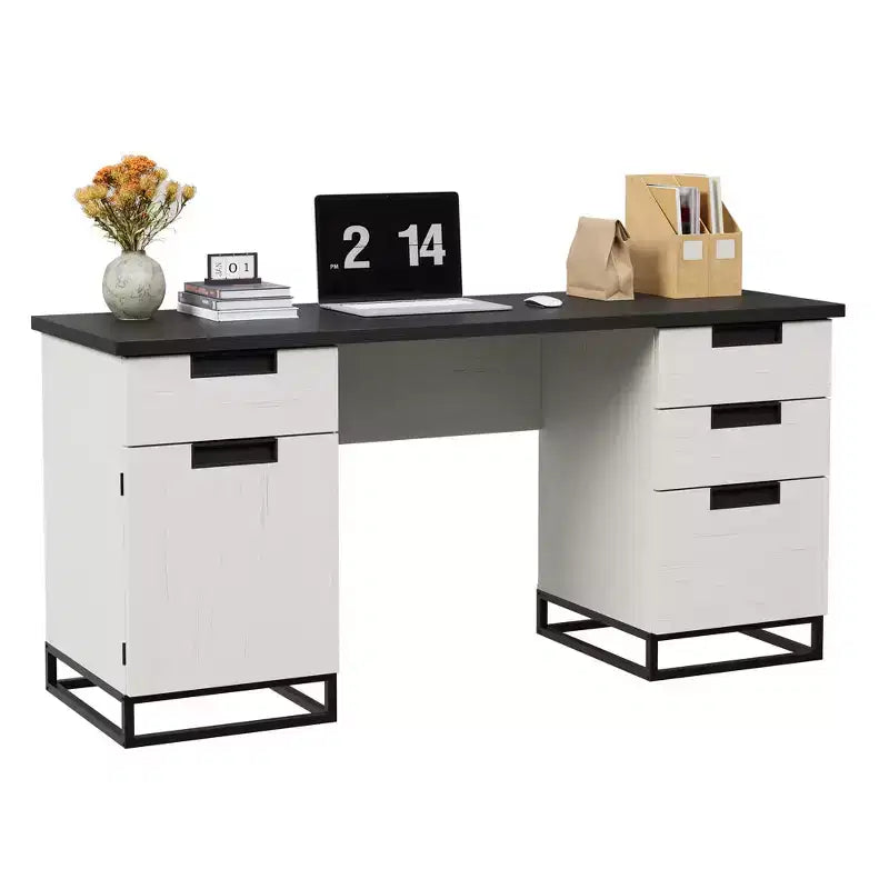 59 Farmhouse Executive Desk, Home Office Desk with File Drawer and Storage Cabinet, Wooden Computer Table with 3 Drawers for Work and Study