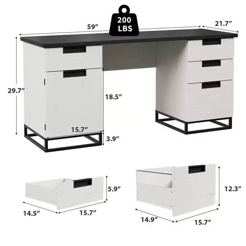 59 Farmhouse Executive Desk, Home Office Desk with File Drawer and Storage Cabinet, Wooden Computer Table with 3 Drawers for Work and Study