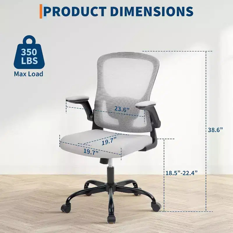 Premium Ergonomic High-Grey Mesh Office Chair - Adjustable Height, Flip-Up Armrests & Lumbar Support - Comfy Swivel Seat for Home, Gaming & Work