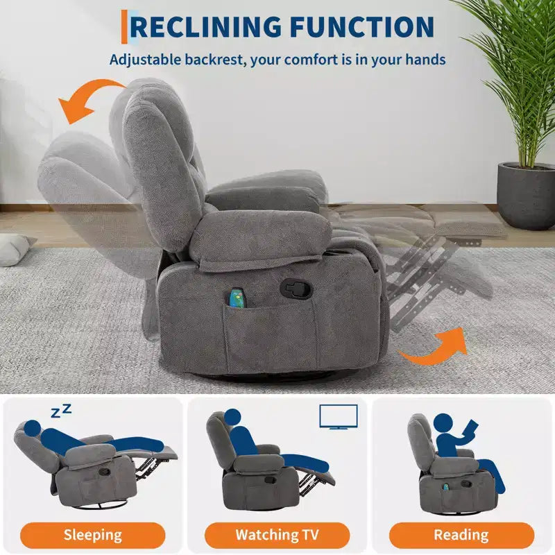 360 Swivel Recliner Chairs with Vibration Massage & Heating, Upholstered Reclining Chair with Storage Armrest