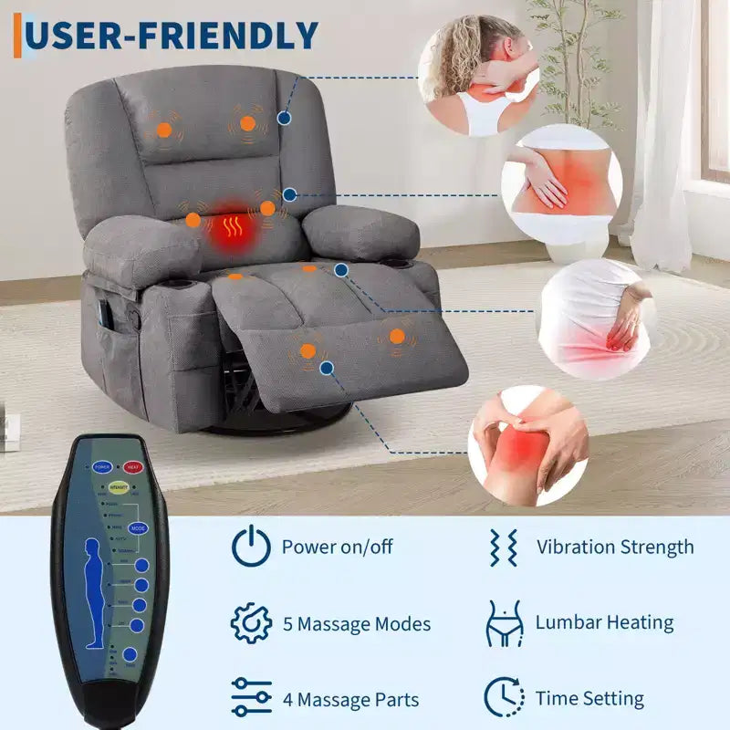 360 Swivel Recliner Chairs with Vibration Massage & Heating, Upholstered Reclining Chair with Storage Armrest