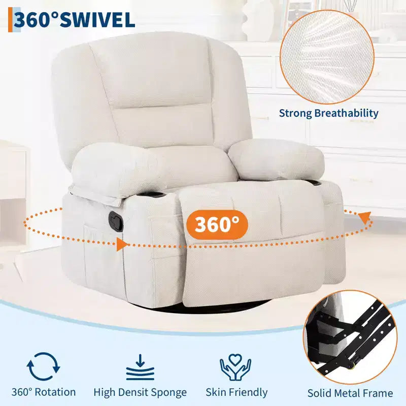 360 Swivel Recliner Chairs with Vibration Massage & Heating, Upholstered Reclining Chair with Storage Armrest