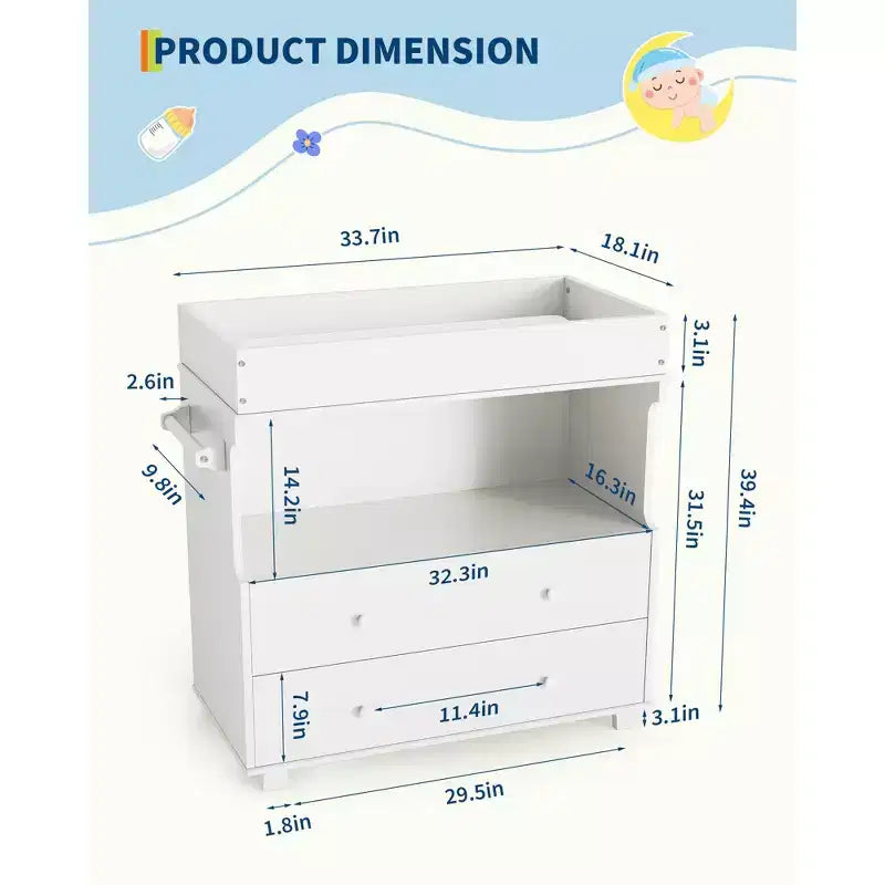 Baby Changing Table Dresser,Modern Wooden Diaper Changing Station with 2 Drawers,Multi-Functional Infant Diaper Station for Nursery Room, Bedroom