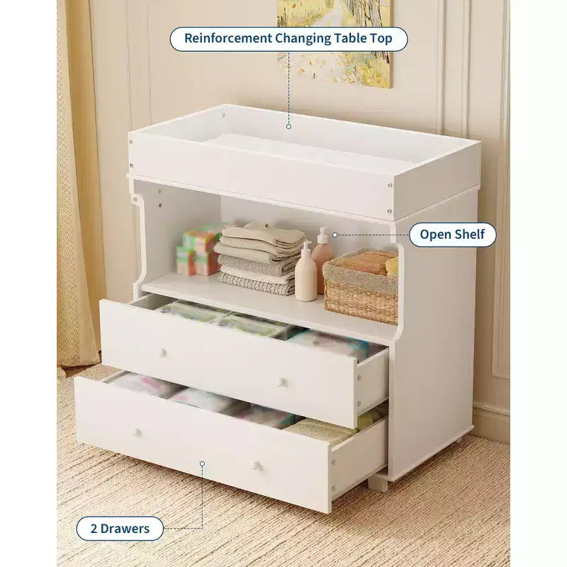 Baby Changing Table Dresser,Modern Wooden Diaper Changing Station with 2 Drawers,Multi-Functional Infant Diaper Station for Nursery Room, Bedroom