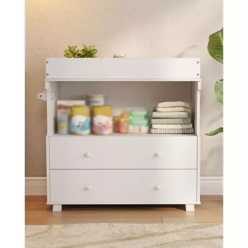 Baby Changing Table Dresser,Modern Wooden Diaper Changing Station with 2 Drawers,Multi-Functional Infant Diaper Station for Nursery Room, Bedroom
