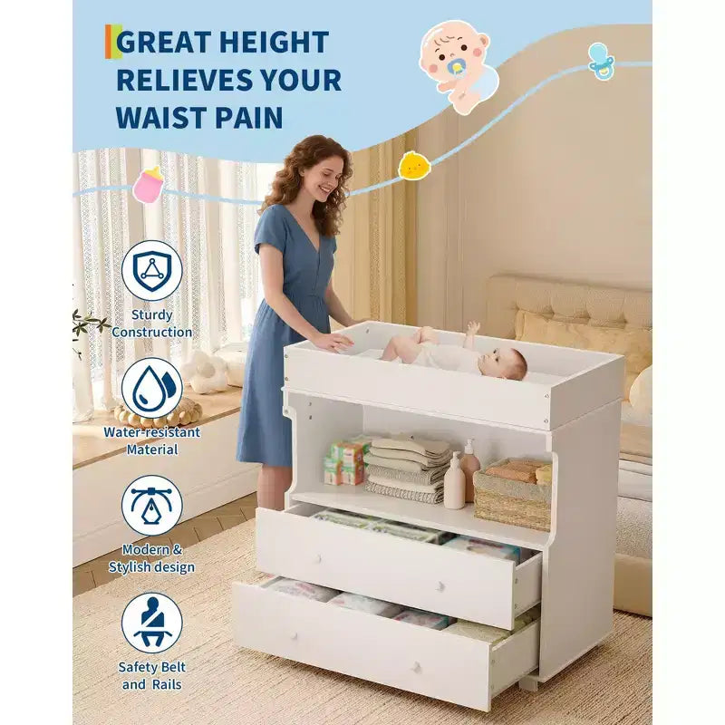 Baby Changing Table Dresser,Modern Wooden Diaper Changing Station with 2 Drawers,Multi-Functional Infant Diaper Station for Nursery Room, Bedroom