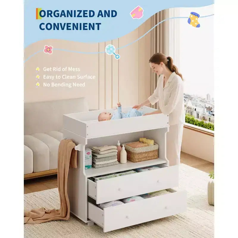 Baby Changing Table Dresser,Modern Wooden Diaper Changing Station with 2 Drawers,Multi-Functional Infant Diaper Station for Nursery Room, Bedroom