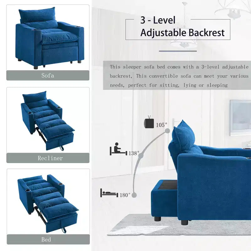 GDFStudio Clermont 3-in-1 Convertible Velvet Sofa Chair with Adjustable Backrest