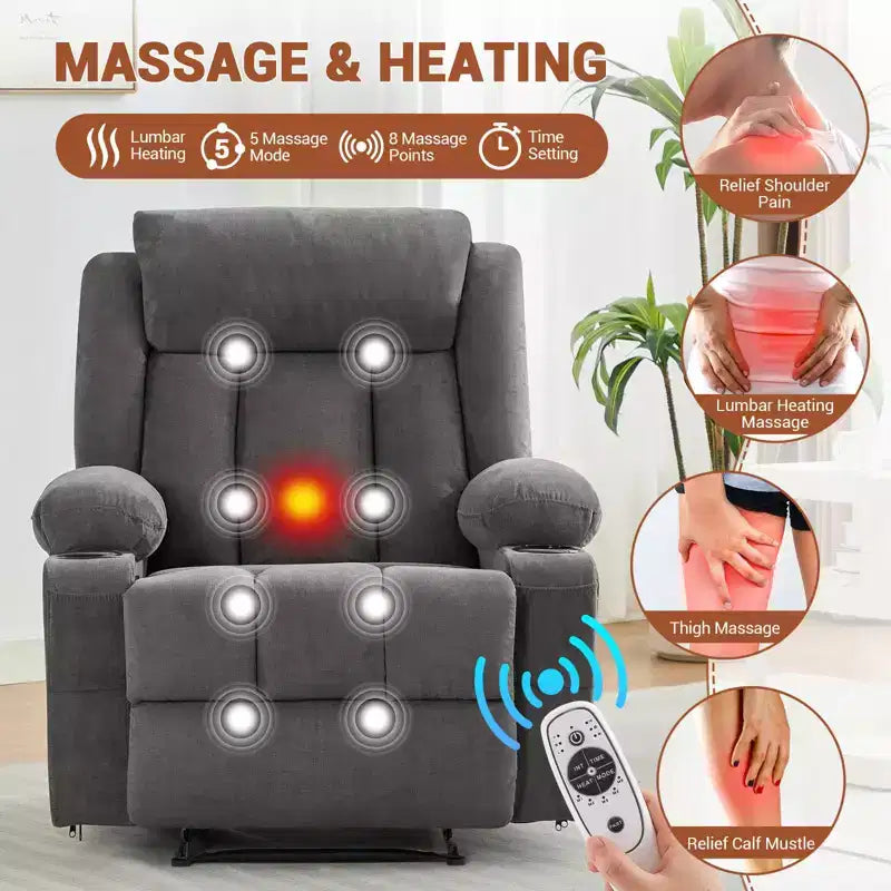 Recliner Chair, Manual Reclining Sofa with Massage and Heat, Comfy Overstuffed Rocking Chair with Side Pockets, Front Pockets and Cup Holde