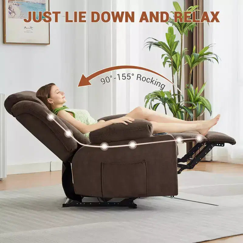 Recliner Chair, Manual Reclining Sofa with Massage and Heat, Comfy Overstuffed Rocking Chair with Side Pockets, Front Pockets and Cup Holde