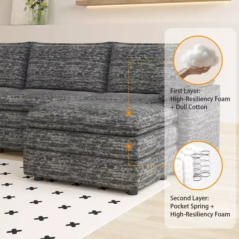 108 XL Modular Sectional Couch, Deep Seat Modern Chenille L Shaped Modular Sofa, Cloud Couch for 4 with Movable Ottoman, Sectional Sofa