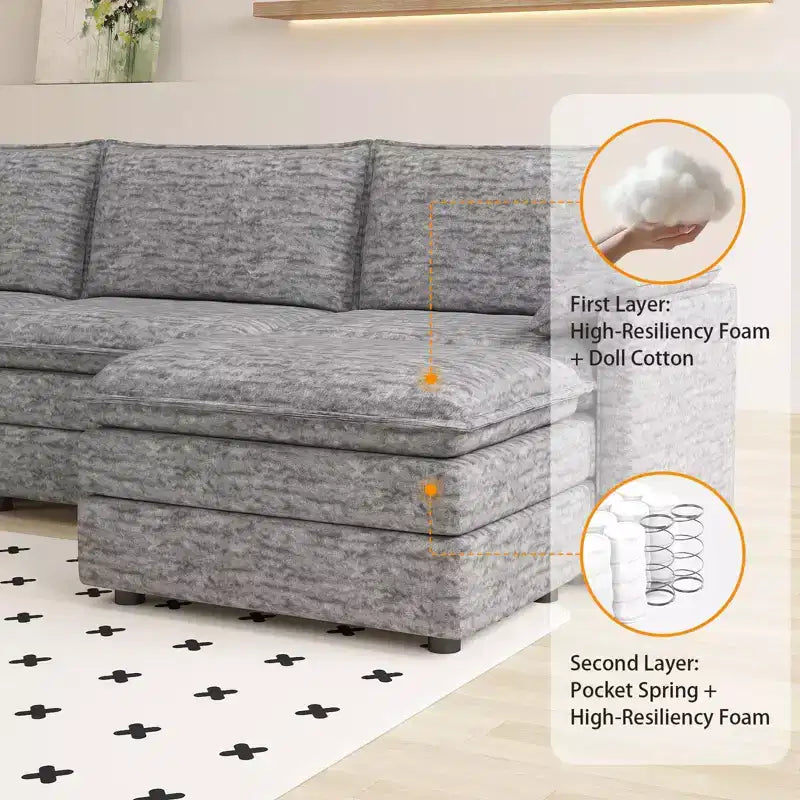 108 XL Modular Sectional Couch, Deep Seat Modern Chenille L Shaped Modular Sofa, Cloud Couch for 4 with Movable Ottoman, Sectional Sofa