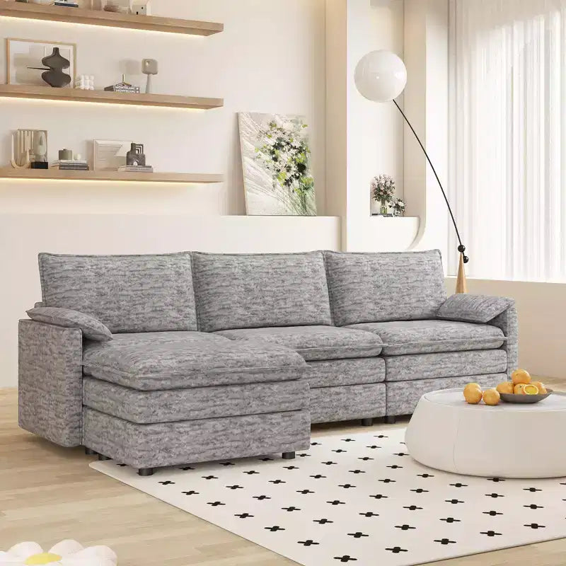108 XL Modular Sectional Couch, Deep Seat Modern Chenille L Shaped Modular Sofa, Cloud Couch for 4 with Movable Ottoman, Sectional Sofa