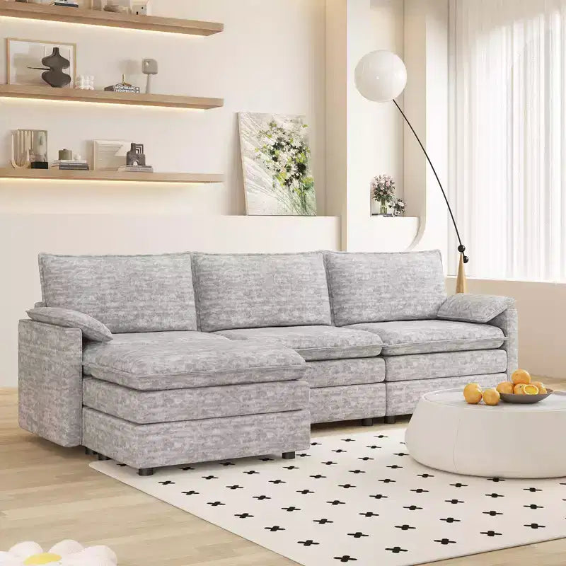 108 XL Modular Sectional Couch, Deep Seat Modern Chenille L Shaped Modular Sofa, Cloud Couch for 4 with Movable Ottoman, Sectional Sofa