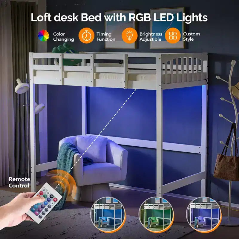 Karl Home Solid Wood Loft Bed Twin/Full Size with USB Charging Station/LED with Flat Rungs,Wood Slat Support No Box Spring Needed