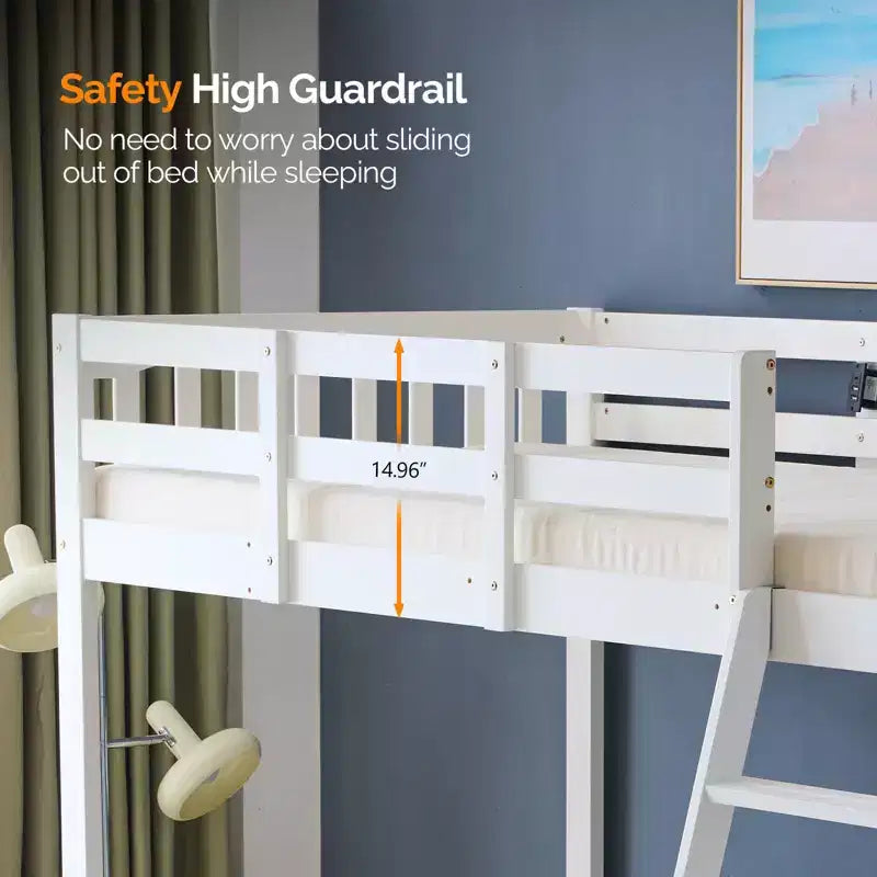 Karl Home Solid Wood Loft Bed Twin/Full Size with USB Charging Station/LED with Flat Rungs,Wood Slat Support No Box Spring Needed