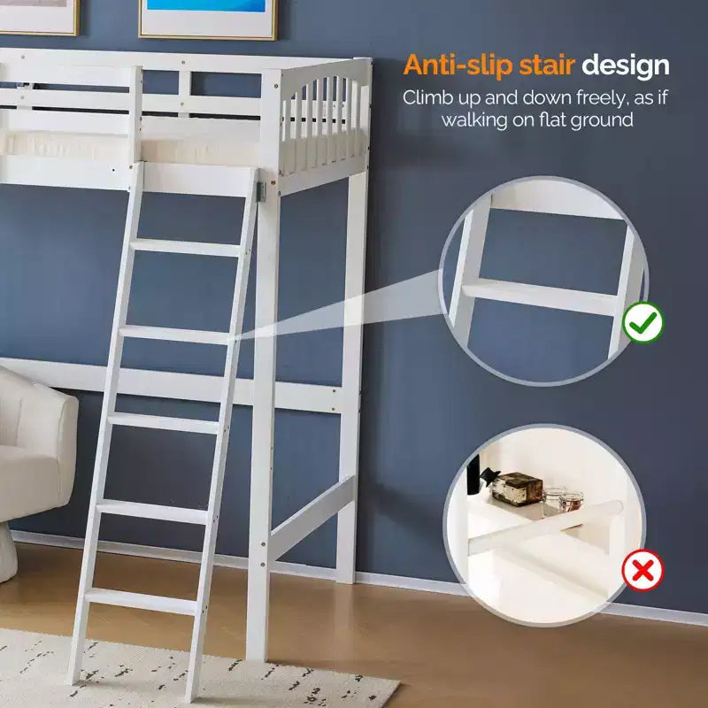 Karl Home Solid Wood Loft Bed Twin/Full Size with USB Charging Station/LED with Flat Rungs,Wood Slat Support No Box Spring Needed