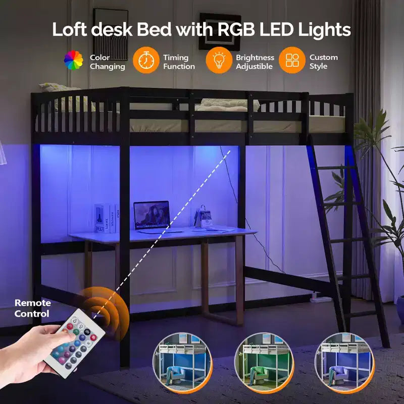 Karl Home Solid Wood Loft Bed Twin/Full Size with USB Charging Station/LED with Flat Rungs,Wood Slat Support No Box Spring Needed